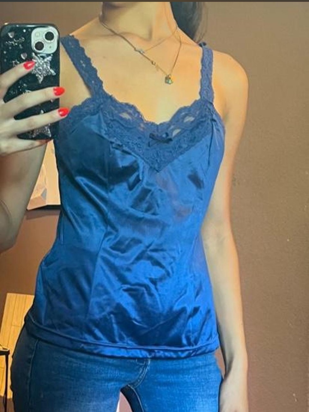 Vintage Satin Lace-Trim Blue Camisole